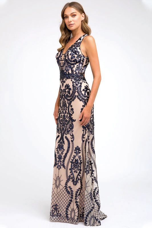 Embroidered Lace Open Back Illusion V-Neck Mermaid Long Prom Dress JT243-Prom Dress-smcfashion.com