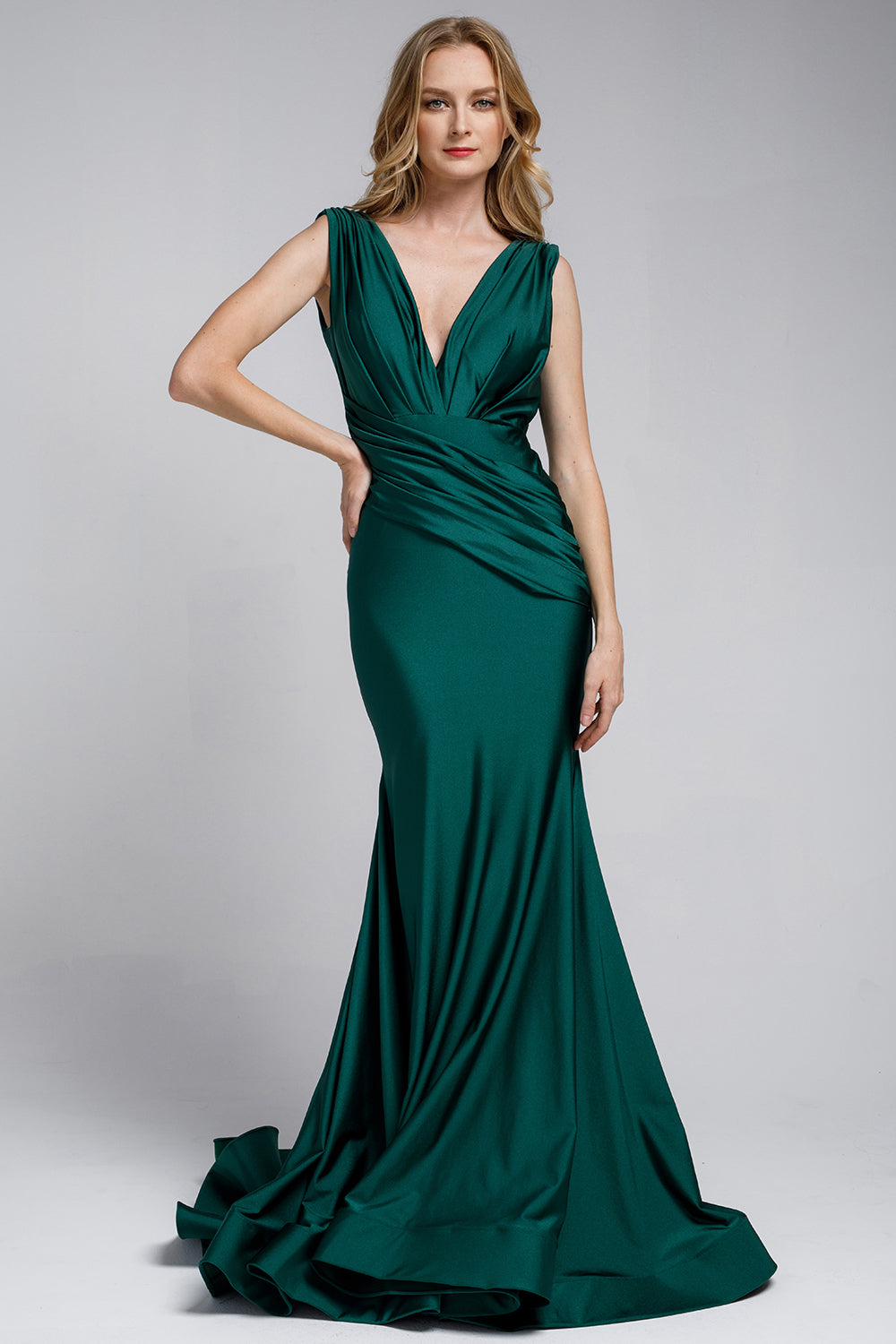 V-Neck Satin Mermaid Long Prom & Bridesmaid Dress AC370-Prom Dress-smcfashion.com
