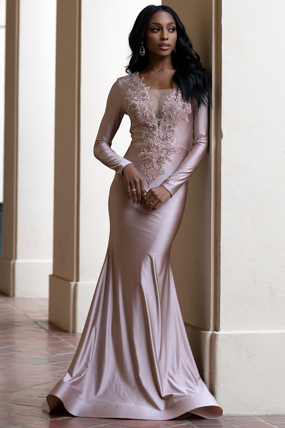 Illusion Deep V-Neck Long Sleeves Mermaid Long Prom... –