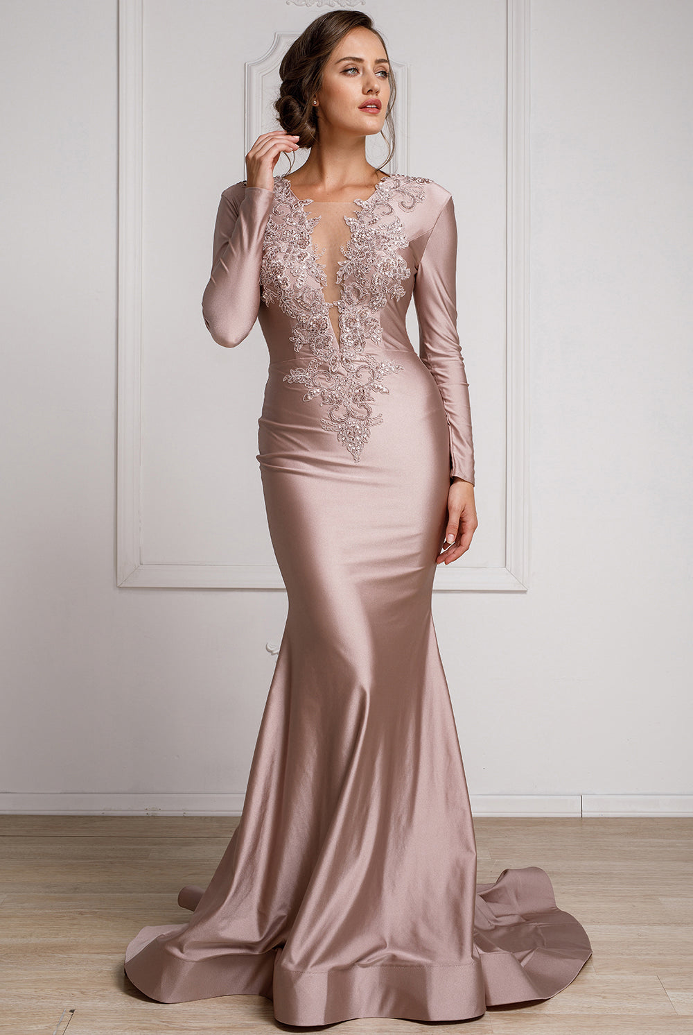 Illusion Deep V-Neck Long Sleeves Mermaid Long Prom Dress AC382-Prom Dress-smcfashion.com