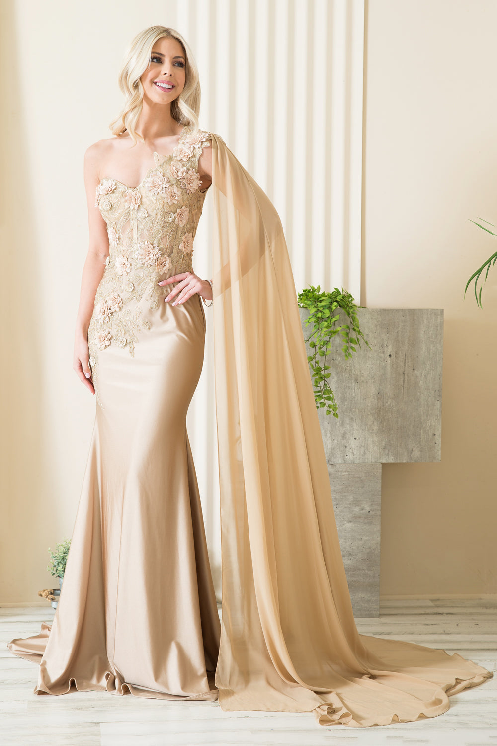 Strap One Shoulder 3D Floral Applique Mermaid Long Evening & Prom Dress AC388-Prom Dress-smcfashion.com