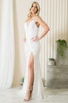 Embroidered Sequin Slit Flower Detailed Long Evening & Wedding Dress AC5020-Wedding Dress-smcfashion.com