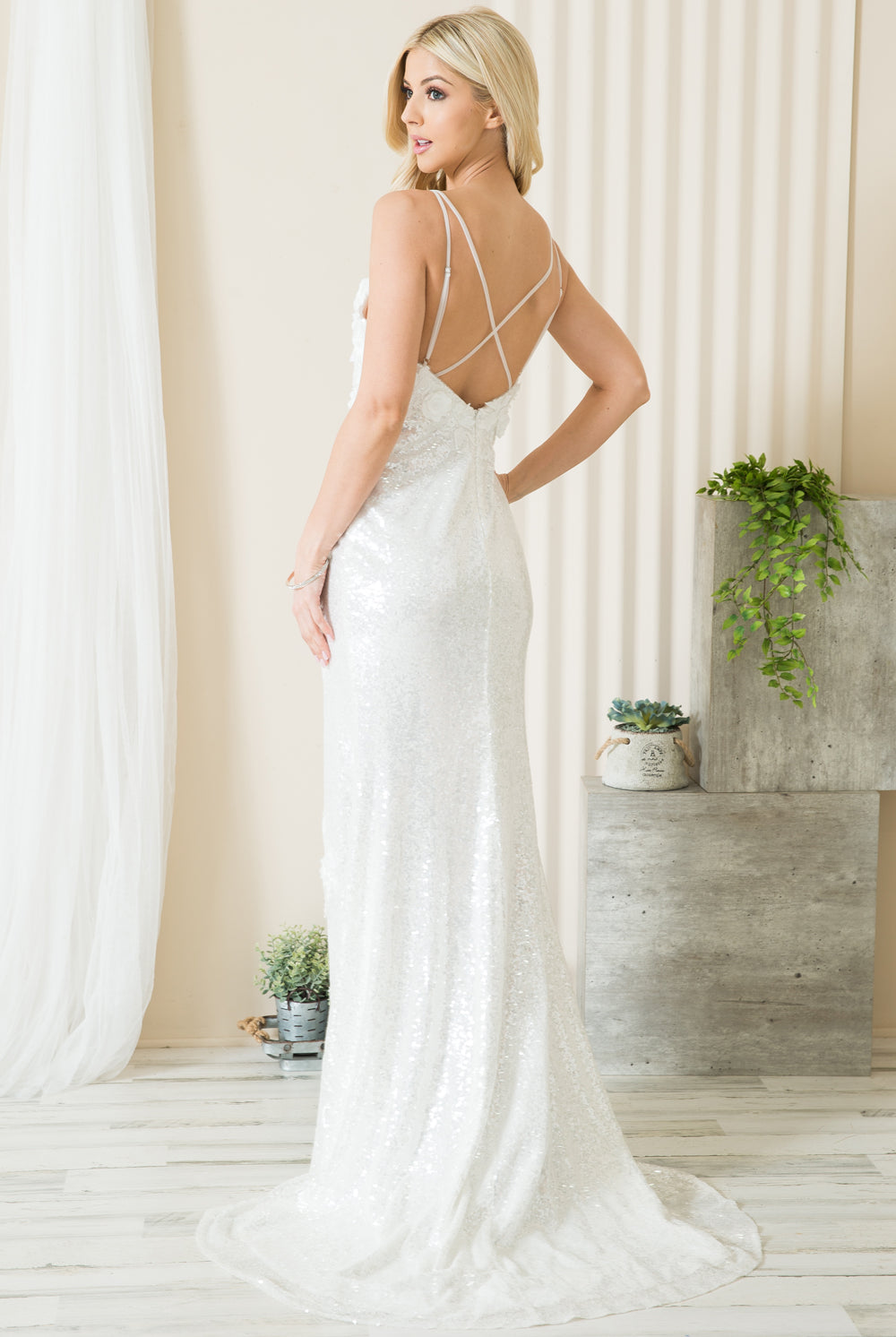 Embroidered Sequin Slit Flower Detailed Long Evening & Wedding Dress AC5020-Wedding Dress-smcfashion.com