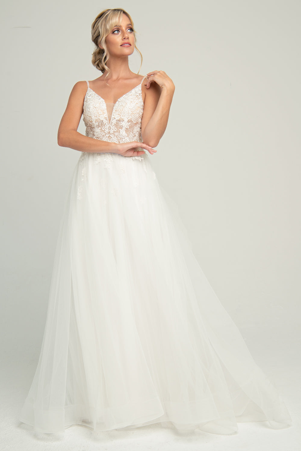 Lace Embroidered Bodice Tulle Skirt Long Wedding Dress ACSU063-Wedding Dress-smcfashion.com