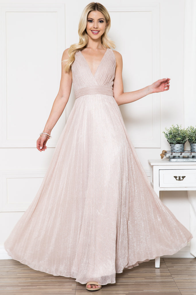 V-Neck Open Back Waist Detailed Glittery Long Evening & Prom Dress ACL598