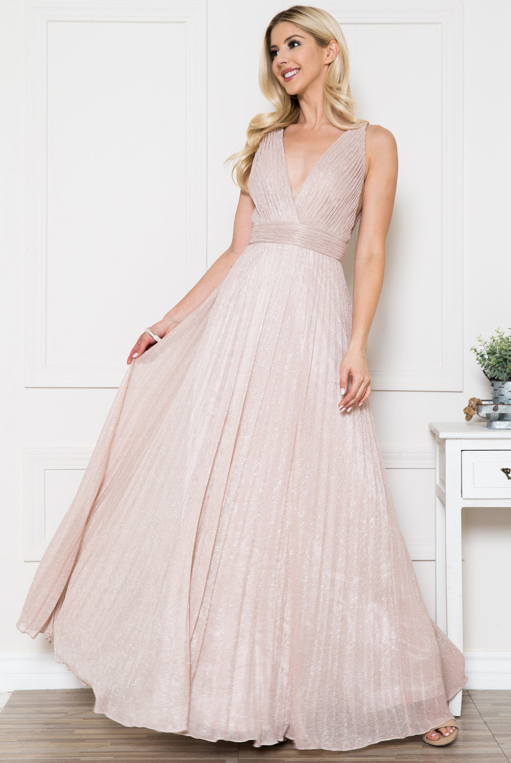 V-Neck Open Back Waist Detailed Glittery Long Evening & Prom Dress ACL598-Prom Dress-smcfashion.com