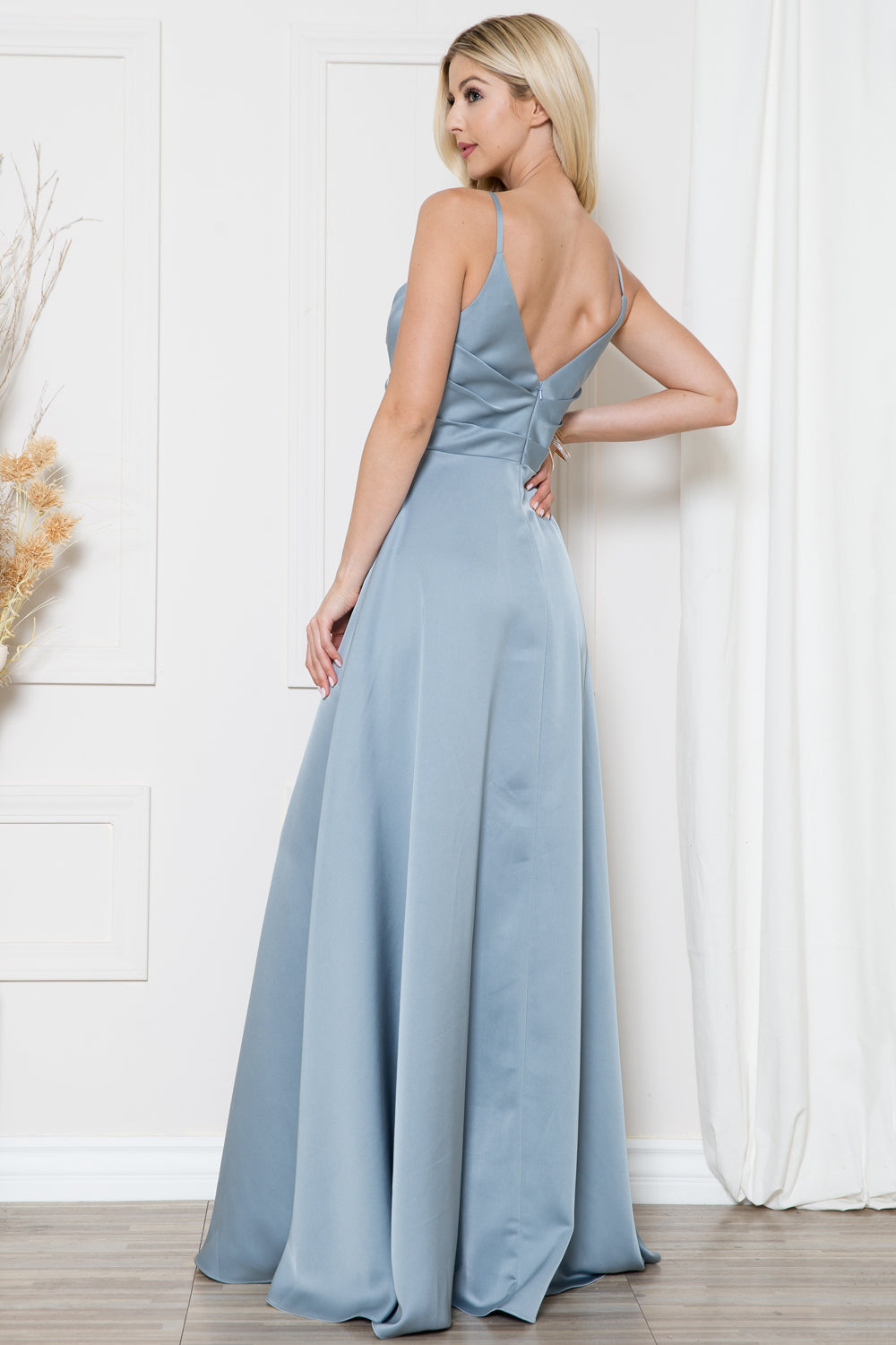 Open V-Back Spaghetti Straps High Slit Saton Long Prom Dress ACBZ012-Prom Dress-smcfashion.com