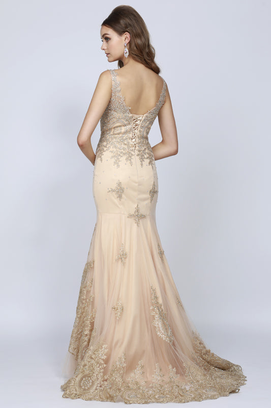Embellished Lace Mermaid Straps Open V-Back Long Prom Dress JT654-Prom Dress-smcfashion.com