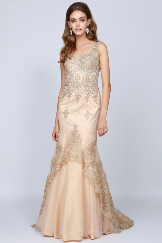 Embellished Lace Mermaid Straps Open V-Back Long Prom Dress JT654-Prom Dress-smcfashion.com