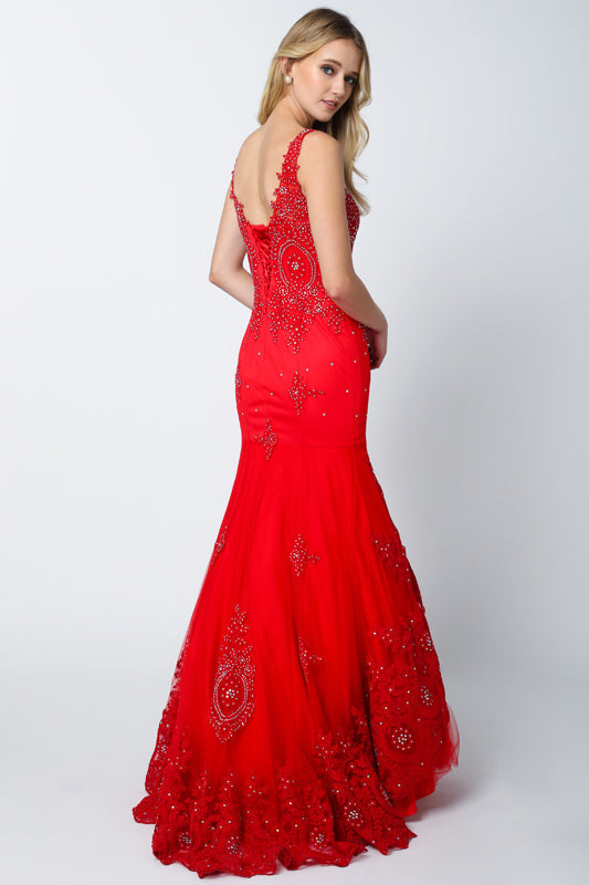 Embellished Lace Mermaid Straps Open V-Back Long Prom Dress JT654-Prom Dress-smcfashion.com