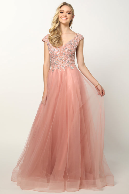 Embroidered Lace Bodice Cap Sleeves Tulle Skirt Long Prom Dress JT684-Prom Dress-smcfashion.com