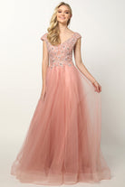 Embroidered Lace Bodice Cap Sleeves Tulle Skirt Long Prom Dress JT684-Prom Dress-smcfashion.com