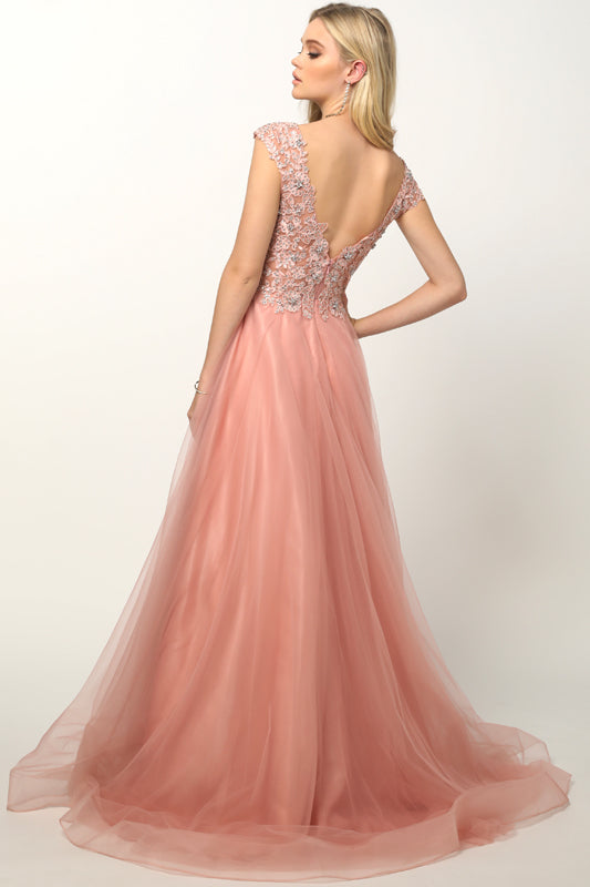 Embroidered Lace Bodice Cap Sleeves Tulle Skirt Long Prom Dress JT684-Prom Dress-smcfashion.com