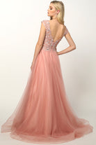 Embroidered Lace Bodice Cap Sleeves Tulle Skirt Long Prom Dress JT684-Prom Dress-smcfashion.com