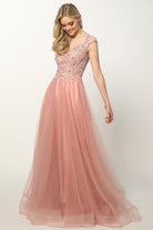 Embroidered Lace Bodice Cap Sleeves Tulle Skirt Long Prom Dress JT684-Prom Dress-smcfashion.com