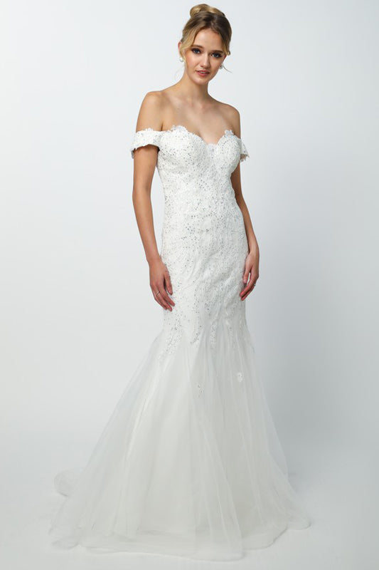 Embellished Lace Off Shoulder Mermaid Long Prom Dress JT693-Wedding Dress-smcfashion.com