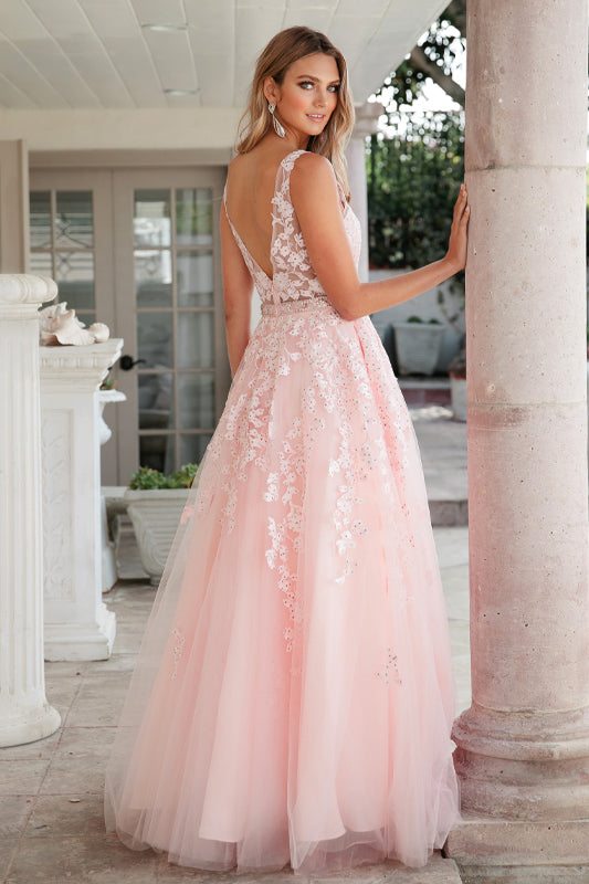 Embroidered Lace Embellished Jewel Waist Long Prom Dress JT224-Prom Dress-smcfashion.com