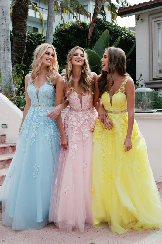 Embroidered Lace Embellished Jewel Waist Long Prom Dress JT224-Prom Dress-smcfashion.com