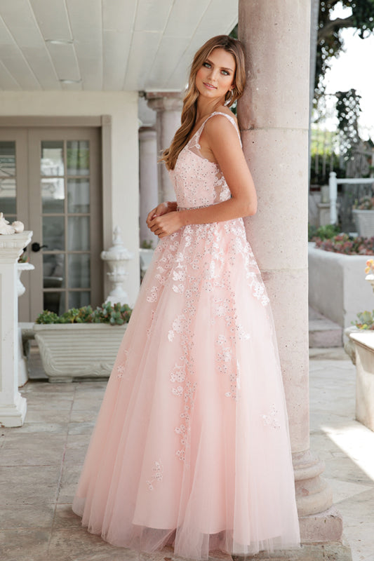 Embroidered Lace Embellished Jewel Waist Long Prom Dress JT224-Prom Dress-smcfashion.com