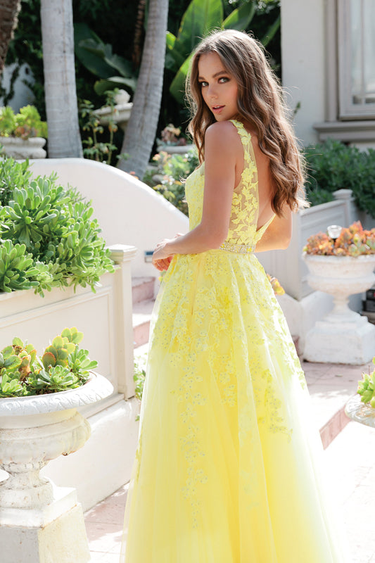 Embroidered Lace Embellished Jewel Waist Long Prom Dress JT224-Prom Dress-smcfashion.com