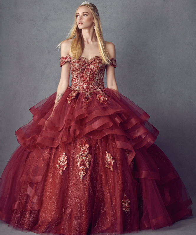 Metallic Embroidery With Glitter Satin Long Quinceanera Dress JT1432-Quinceanera Dress-smcfashion.com