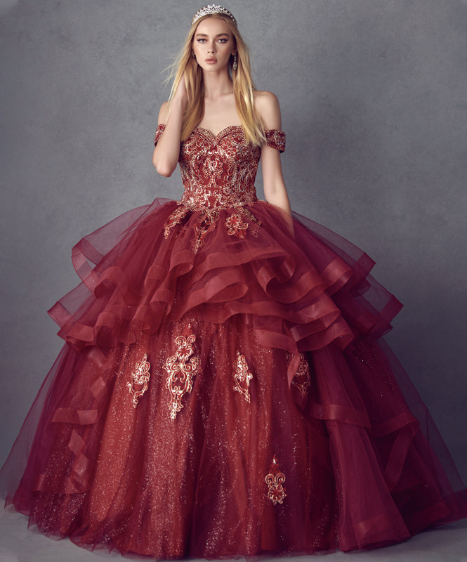 Metallic Embroidery With Glitter Satin Long Quinceanera Dress JT1432-Quinceanera Dress-smcfashion.com