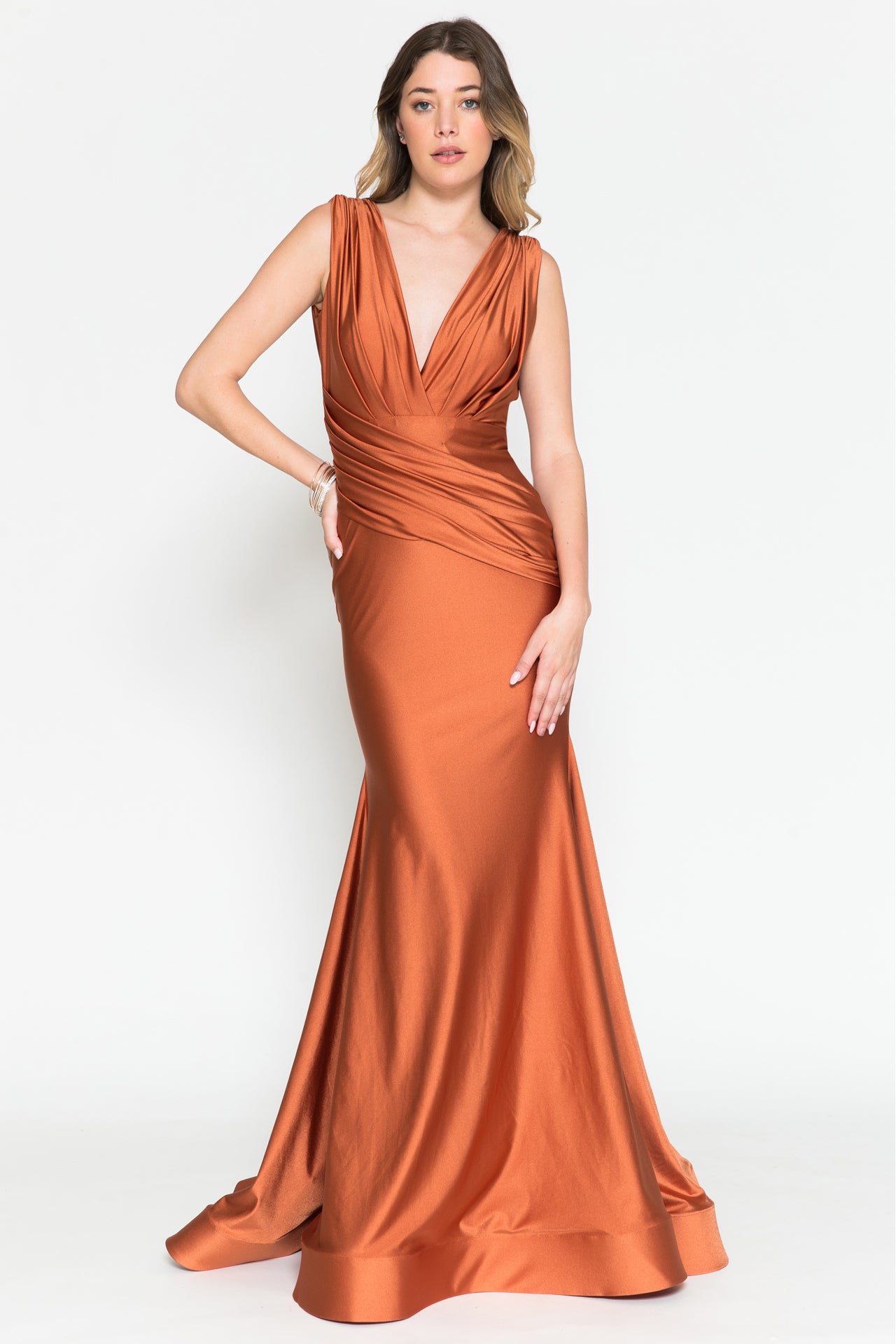 V-Neck Satin Mermaid Long Prom & Bridesmaid Dress AC370-Prom Dress-smcfashion.com
