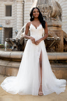 V-Neck Embroidered Lace Tulle Skirt Slit Long Wedding & Prom Dress ACBZ014-Prom Dress-smcfashion.com