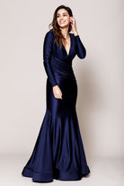 V-Neck Long Sleeves Mermaid Satin Long Evening & Mother Of The Bride Dress AC381-Mother of the Bride Dress-smcfashion.com