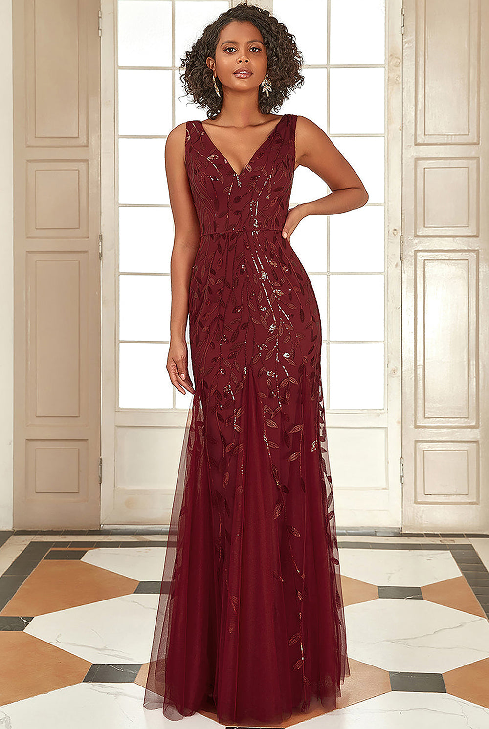 Embroidered Lace V-Neck Long Prom & Mother Of The Bride Dress AC7886-Mother of the Bride Dress-smcfashion.com