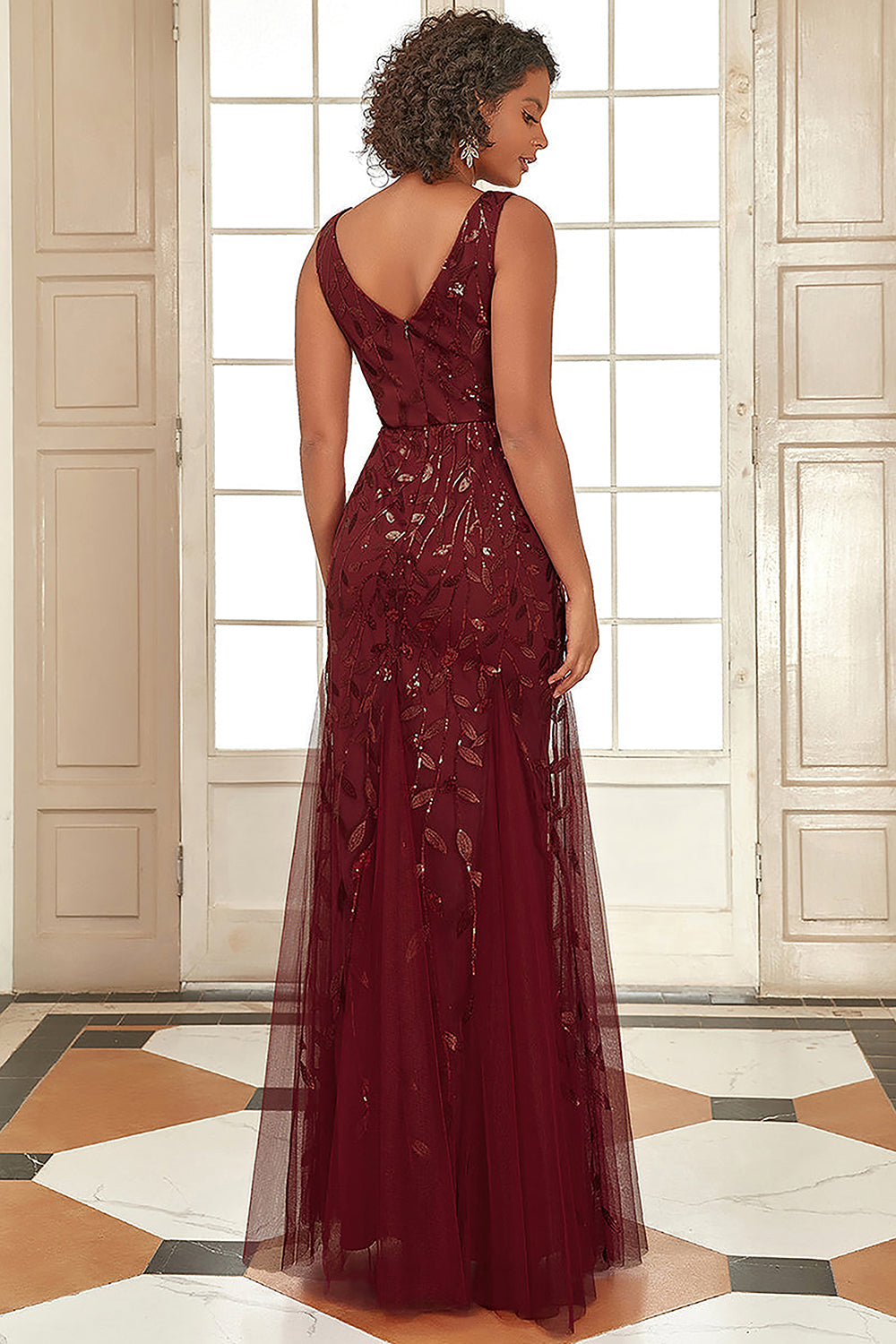 Embroidered Lace V-Neck Long Prom & Mother Of The Bride Dress AC7886-Mother of the Bride Dress-smcfashion.com
