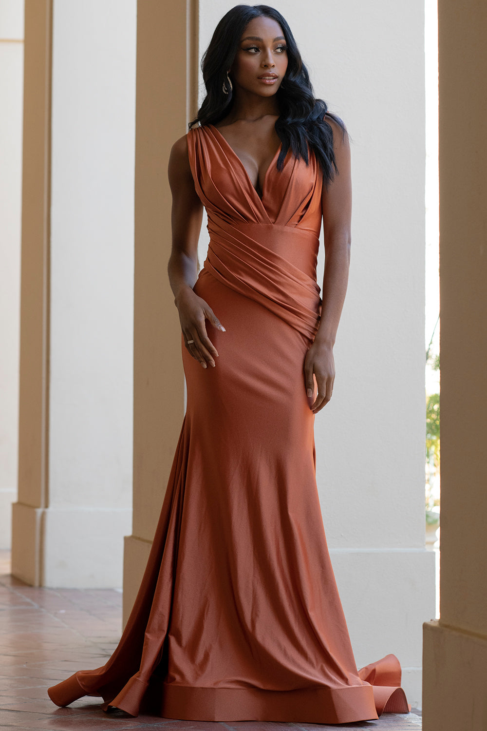 V-Neck Satin Mermaid Long Prom & Bridesmaid Dress AC370-Prom Dress-smcfashion.com