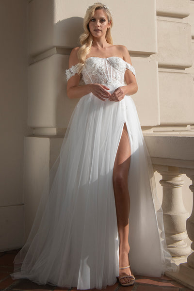 Off Shoulder Sheer Bodice Side Slit Long Wedding Dress AC5023