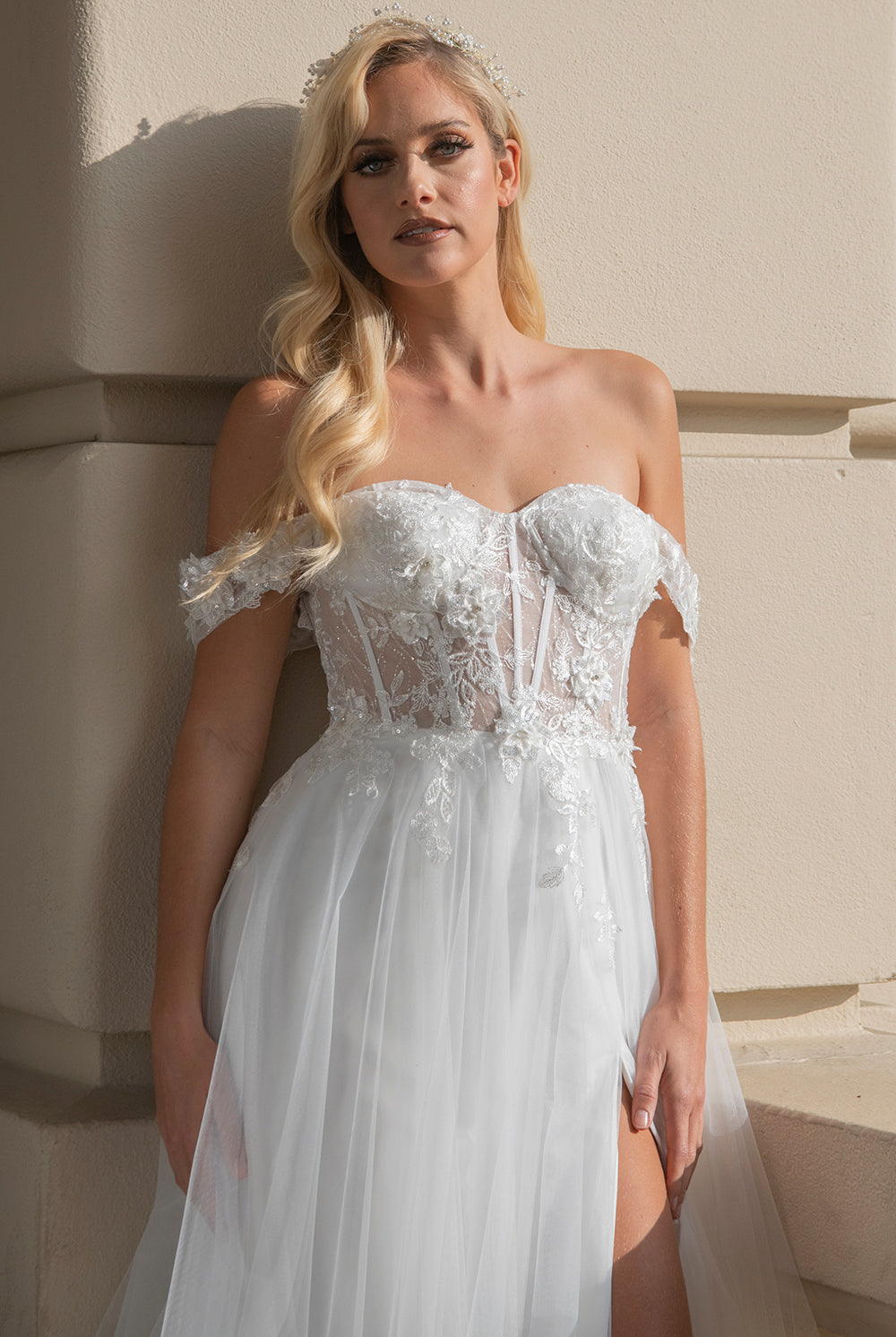 Off Shoulder Sheer Bodice Side Slit Long Wedding Dress AC5023-smcfashion.com