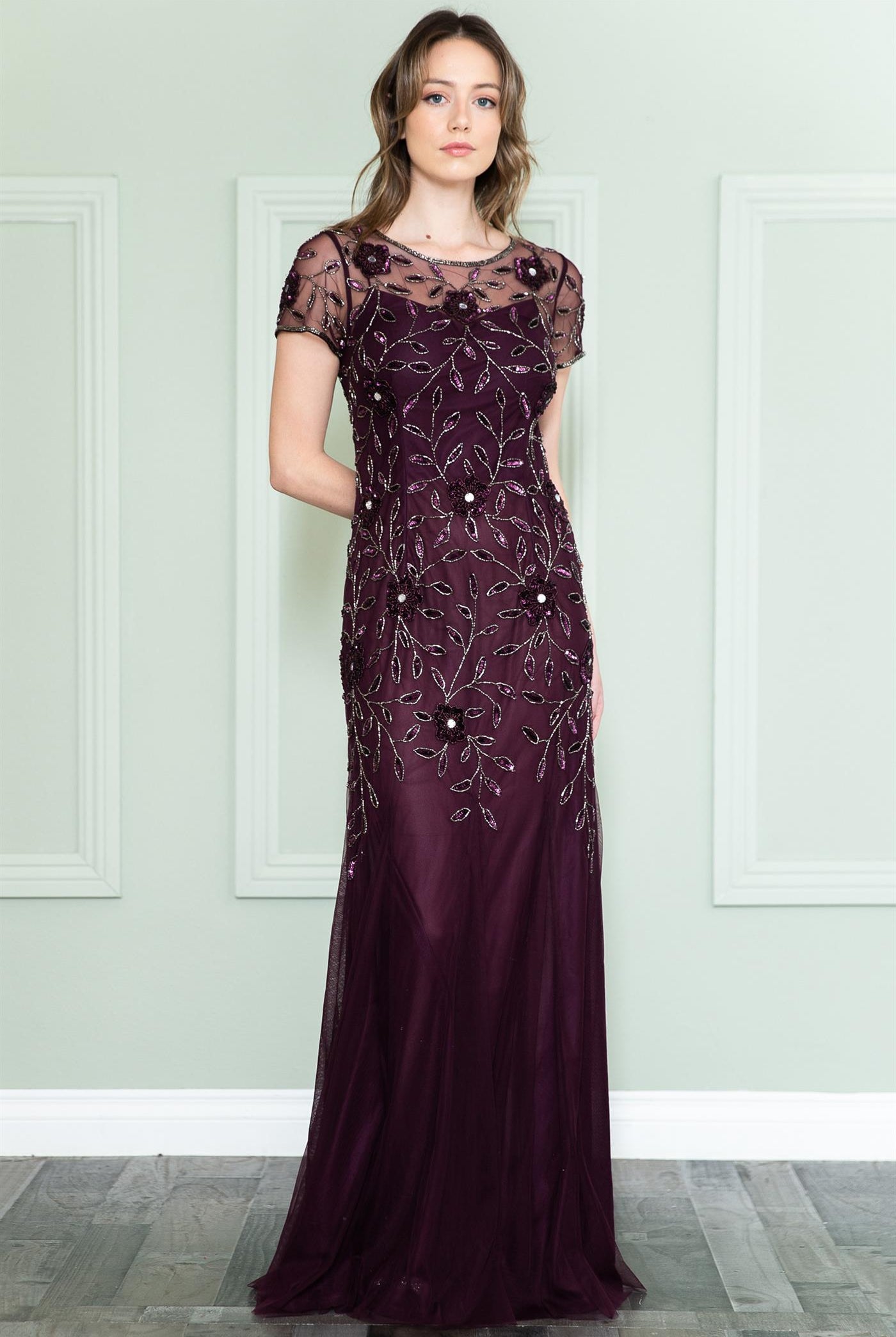 Embroidered Bodice Illusion Short Sleeves Long Mother Of The Bride Dress ACIN002-Mother of the Bride Dress-smcfashion.com