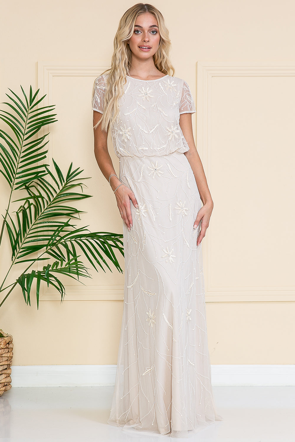 Short Sleeeves Glitter Embellished Long Mother Of The Bride Dress ACIN –  smcfashion.com