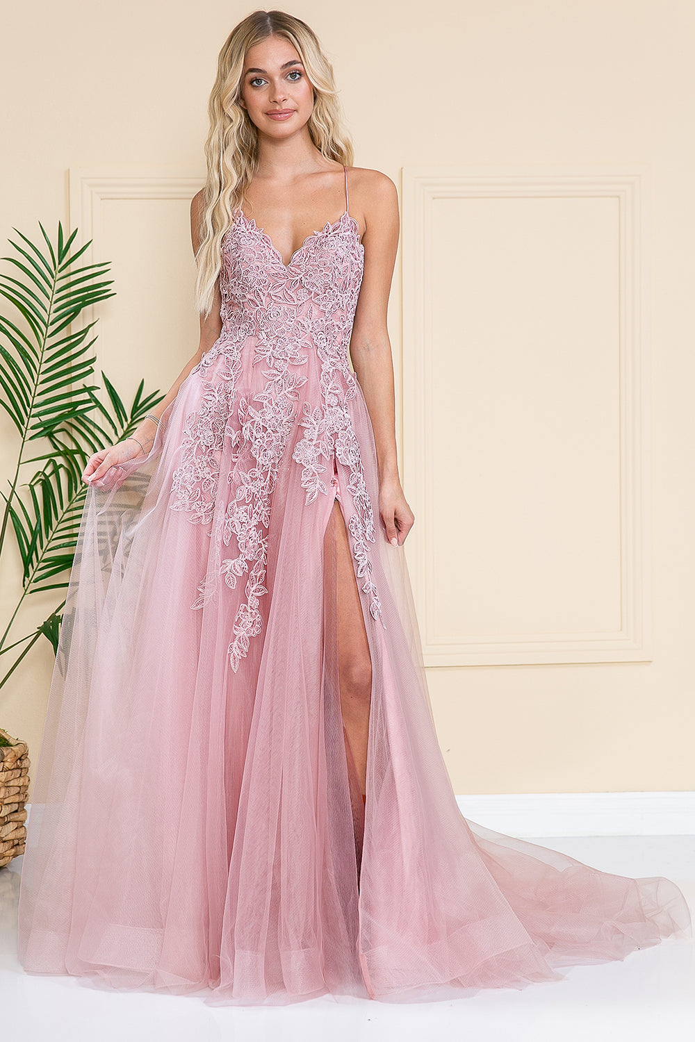 V-Neck Embroidered Lace Tulle Skirt Slit Long Wedding & Prom Dress ACBZ014-Prom Dress-smcfashion.com