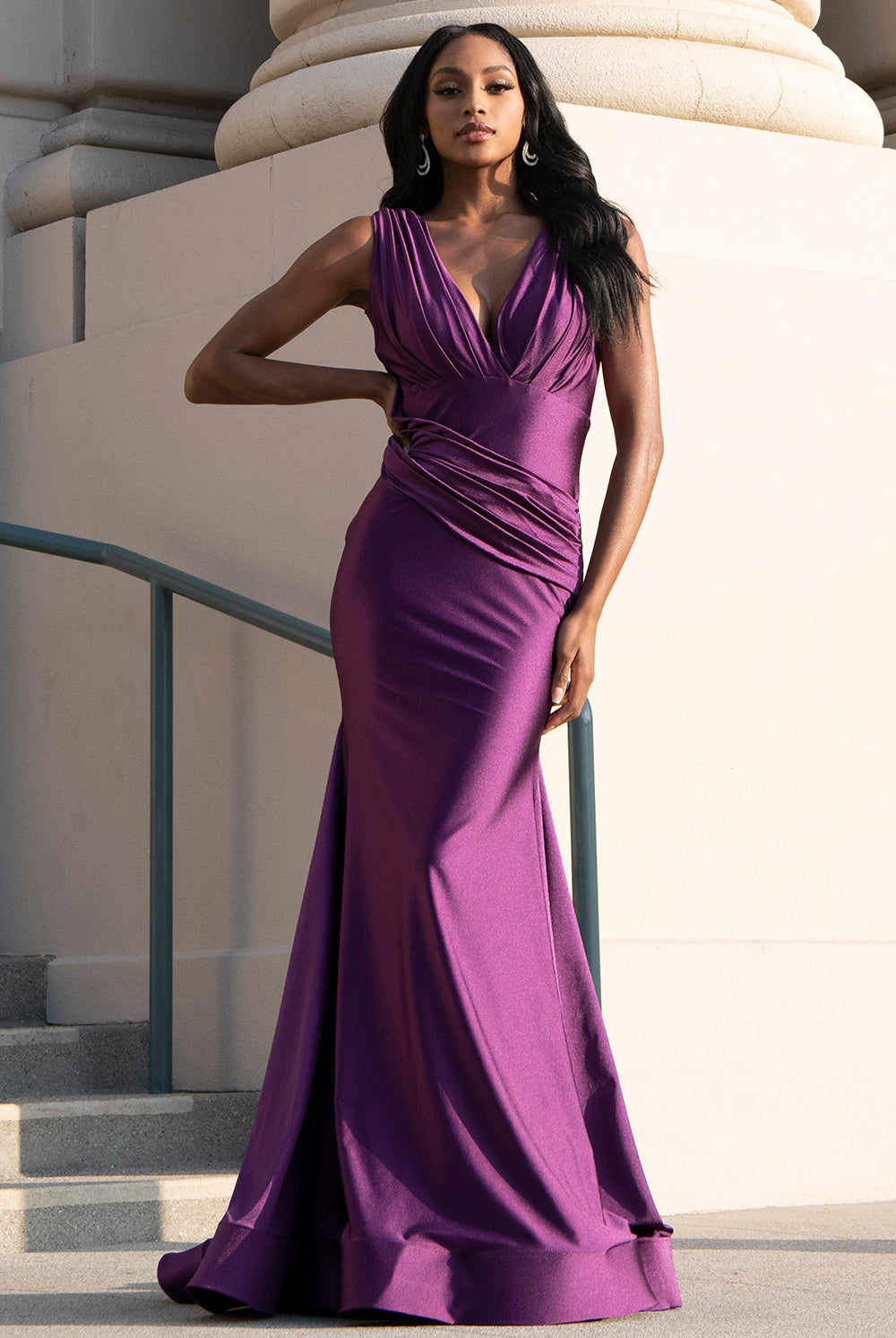 Sleeveless Fit & Flare Lycra Ruched Waist Plunge Neck Long Prom Dress AC370-1-Prom Dress-smcfashion.com