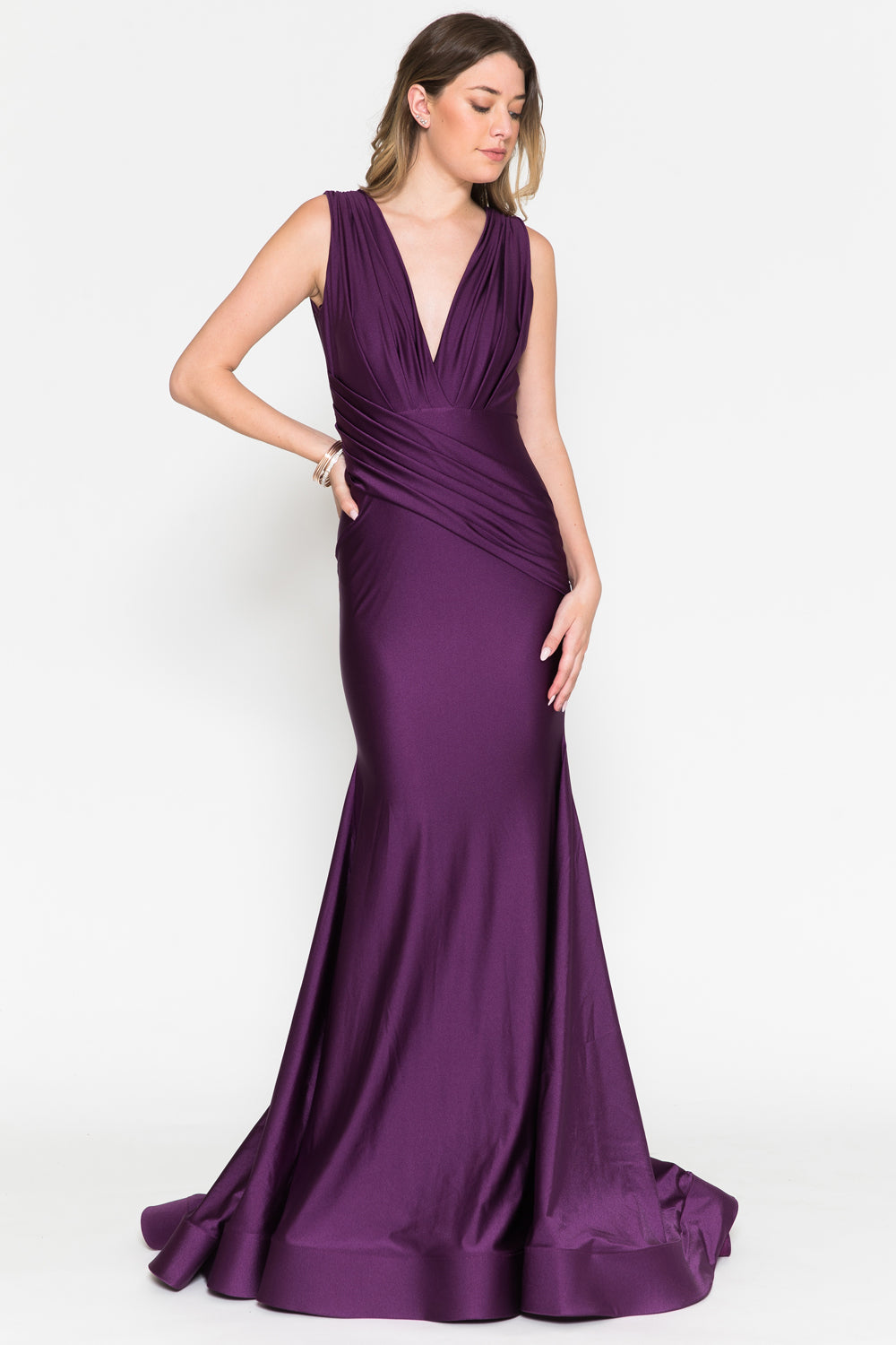 Sleeveless Fit & Flare Lycra Ruched Waist Plunge Neck Long Prom Dress AC370-1-Prom Dress-smcfashion.com