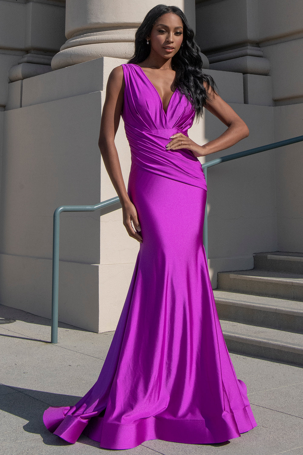 Sleeveless Fit & Flare Lycra Ruched Waist Plunge Neck Long Prom Dress –