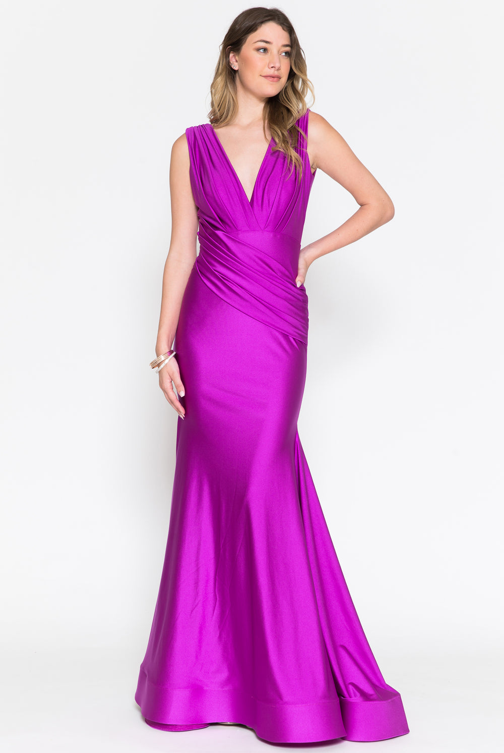 Sleeveless Fit & Flare Lycra Ruched Waist Plunge Neck Long Prom Dress AC370-1-Prom Dress-smcfashion.com