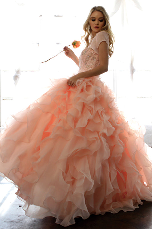 Beaded Corset Bodice With Organza Ruffle Skirt Long Quinceanera Dress JT1418-Quinceanera-smcfashion.com