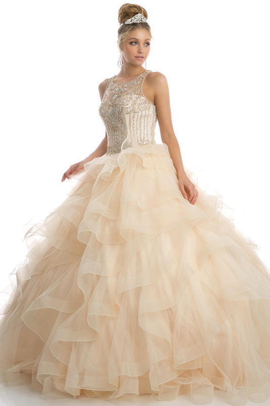 Sweetheart High Neck Ruffled Tulle Skirt Long Quinceanera Dress JT1423-Quinceanera Dress-smcfashion.com