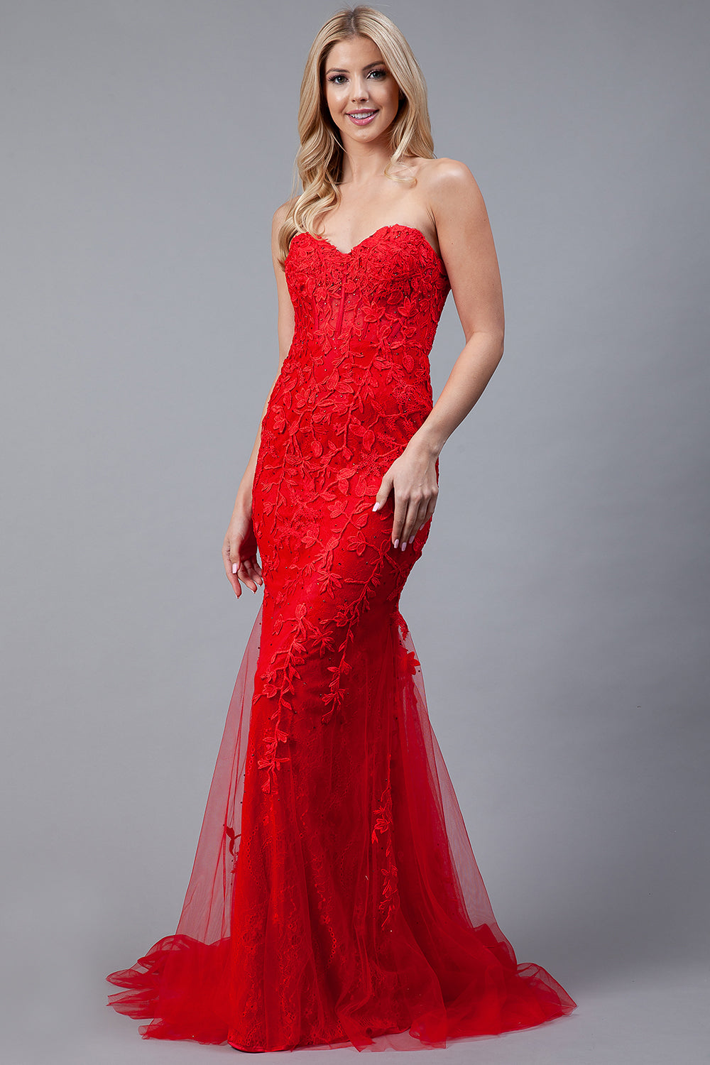 Red Satin Strapless Ruffled Mermaid Long Prom Dress - Xdressy