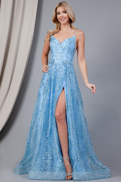 Glitter Embroidererd Lace Side Slit Open V-Back Long Prom Dress ACEL010