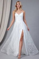 Glitter Embroidererd Lace Side Slit Open V-Back Long Prom Dress ACEL010-Prom Dress-smcfashion.com