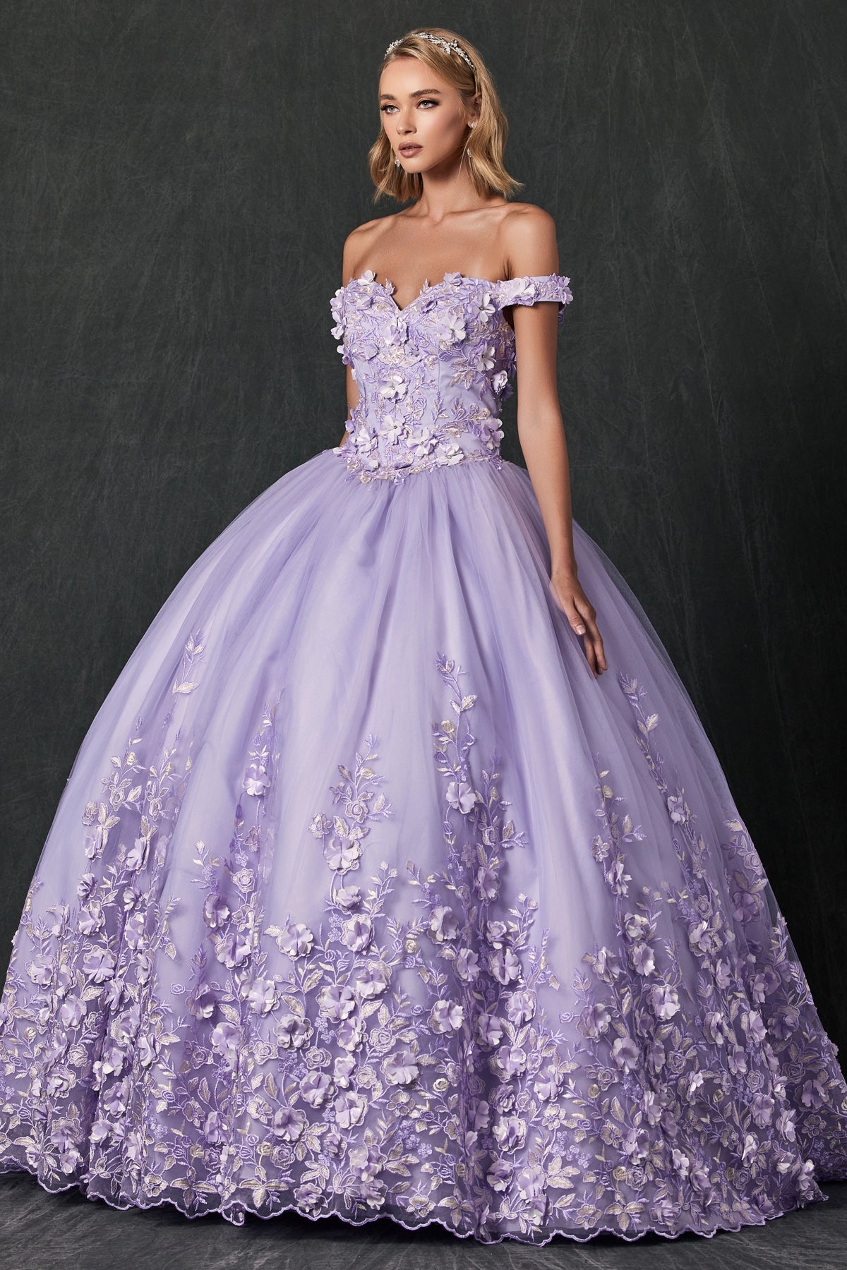 Floral Applique Off Shoulder Straps Long Quinceanera Dress JT1434-Quinceanera Dress-smcfashion.com