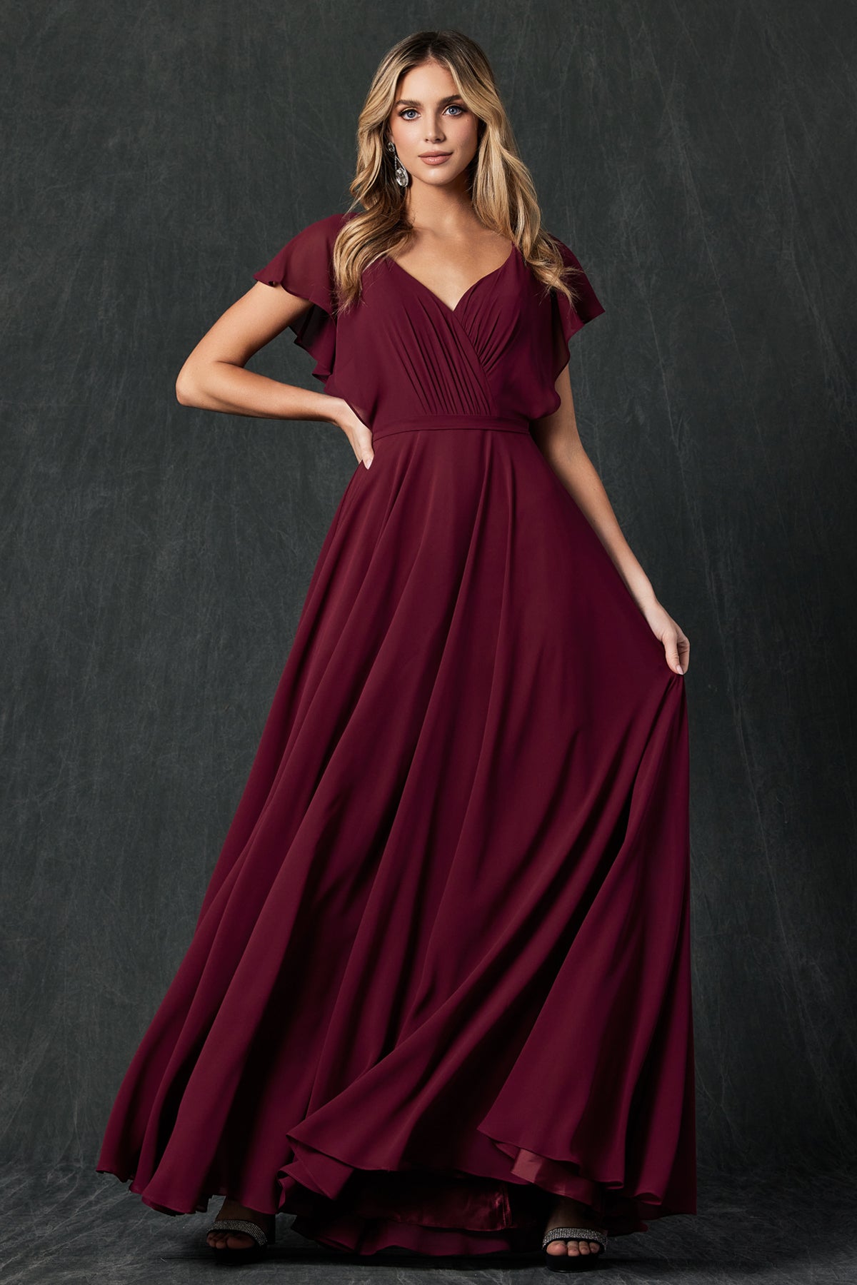 Flutter Sleeve Cascade Back Chiffon Long Bridesmaid Dress JT261-Bridesmaid Dress-smcfashion.com