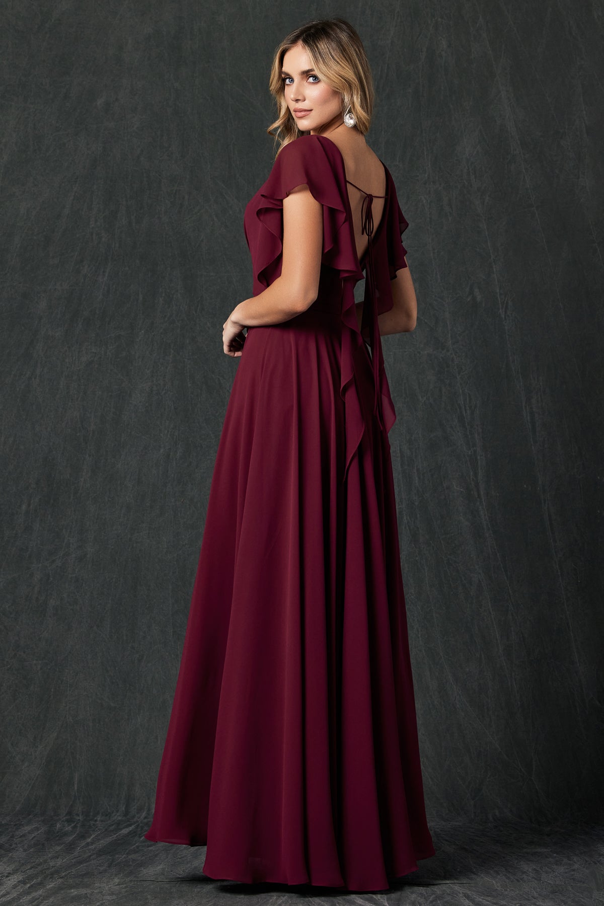 Flutter Sleeve Cascade Back Chiffon Long Bridesmaid Dress JT261-Bridesmaid Dress-smcfashion.com