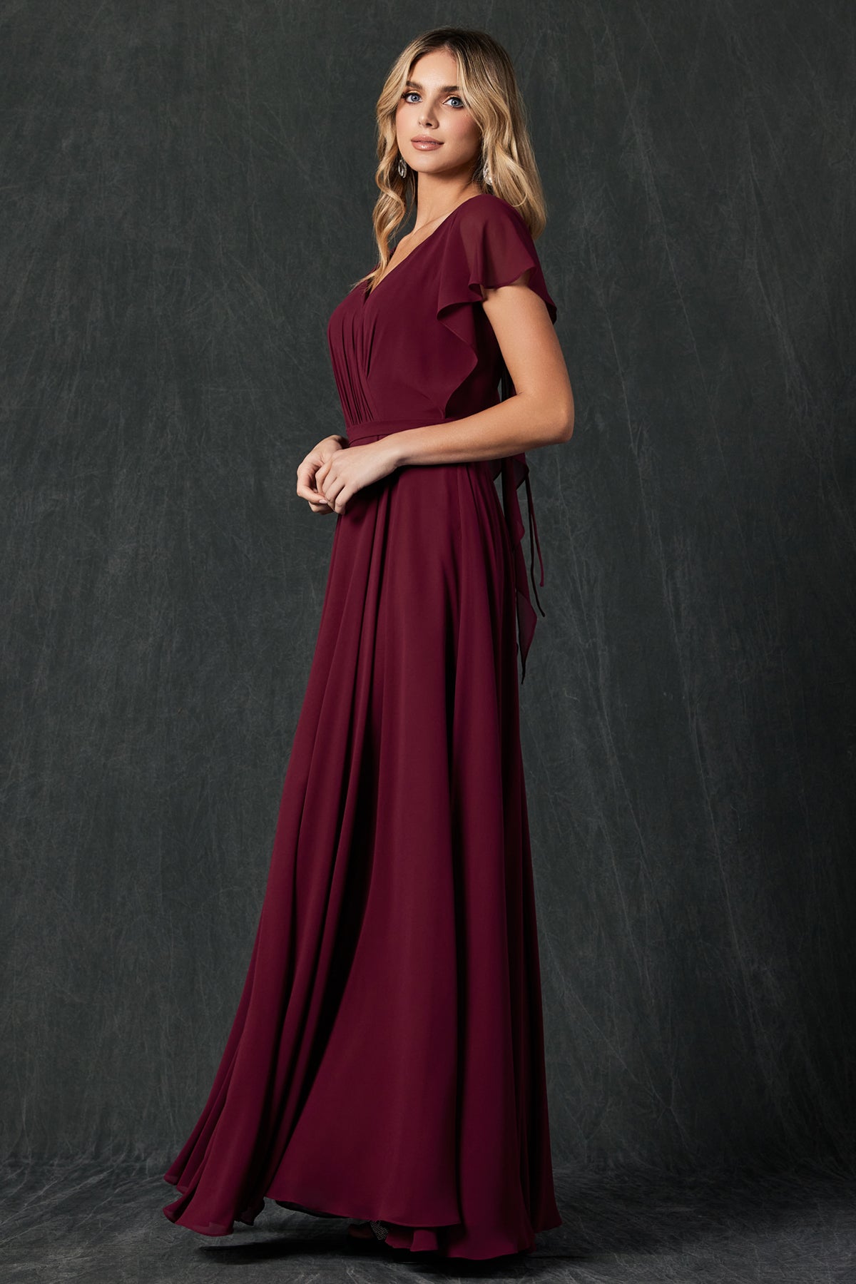 Flutter Sleeve Cascade Back Chiffon Long Bridesmaid Dress JT261-Bridesmaid Dress-smcfashion.com
